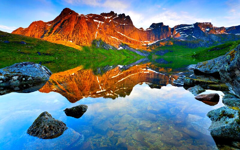 Mountain Reflection in Lake — Blue, Serene, Sunrise