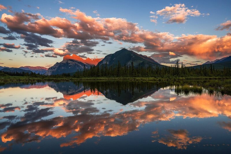 Mountain Reflection in Lake — Blue, Serene, Sunset, Photograph, Clouds