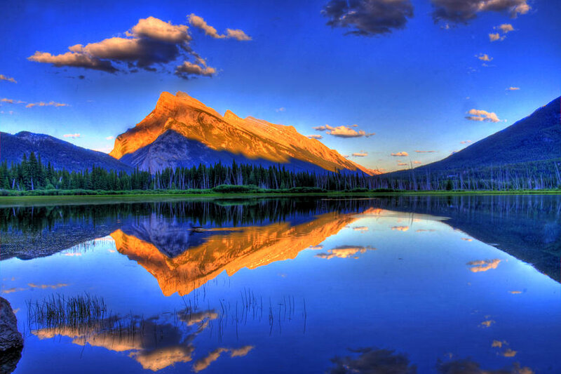 Mountain Reflection in Lake — Blue, Serene, Sunset, Photograph, Forest