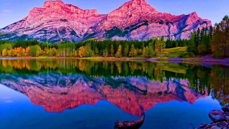 Mountain Reflection in Lake — Blue, Serene, Sunset, Photograph, Forest, Trees