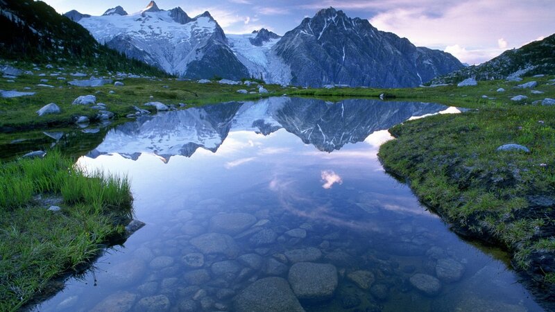 Mountain Reflection in Lake — Blue, Serene, Sunset, Photograph, Mountains, Grass