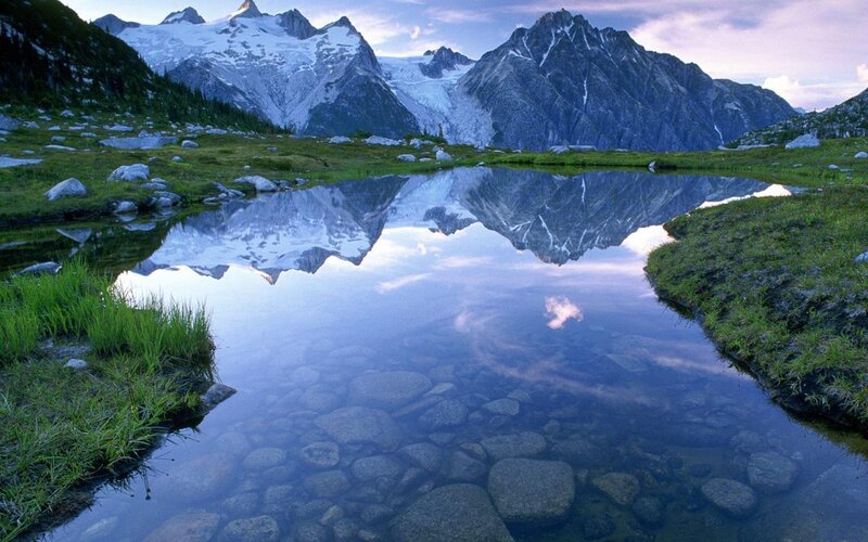 Mountain Reflection in Lake — Blue, Serene, Sunset, Photograph, Mountains, Snow