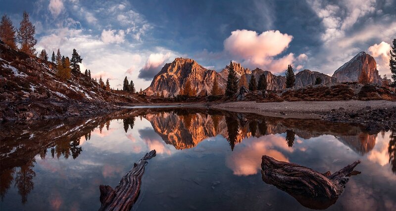 Mountain Reflection in Lake — Blue, Serene, Sunset, Photograph, Mountains, Trees, Clouds