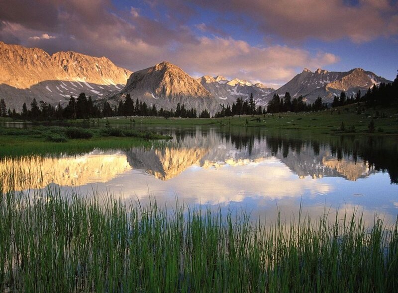 Mountain Reflection in Lake — Blue, Serene, Sunset, Photograph, Mountains, Trees