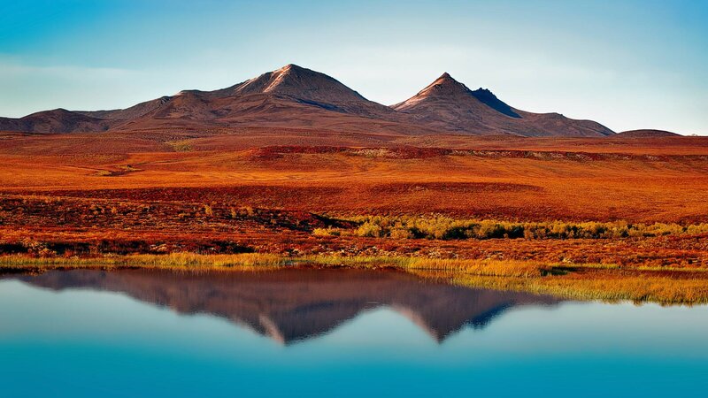 Mountain Reflection in Lake — Blue, Serene, Sunset, Photograph, Mountains, Tundra