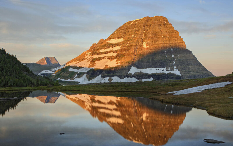 Mountain Reflection in Lake — Blue, Serene, Sunset, Photograph