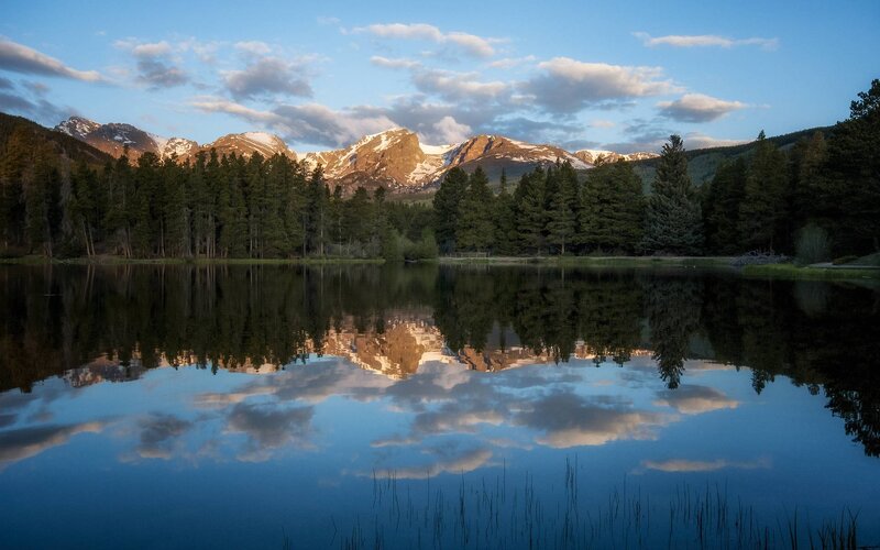 Mountain Reflection in Lake — Blue, Serene, Sunset, Photograph, Trees, Clouds