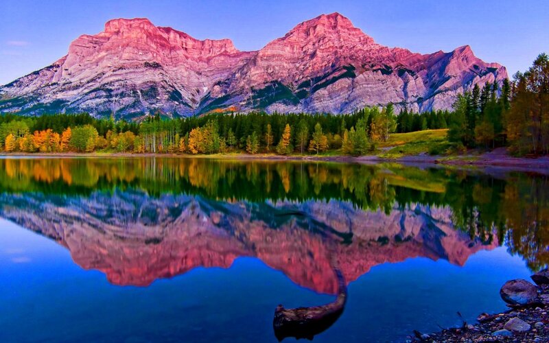 Mountain Reflection in Lake — Blue, Serene, Sunset, Photograph, Trees, Forest, Pink
