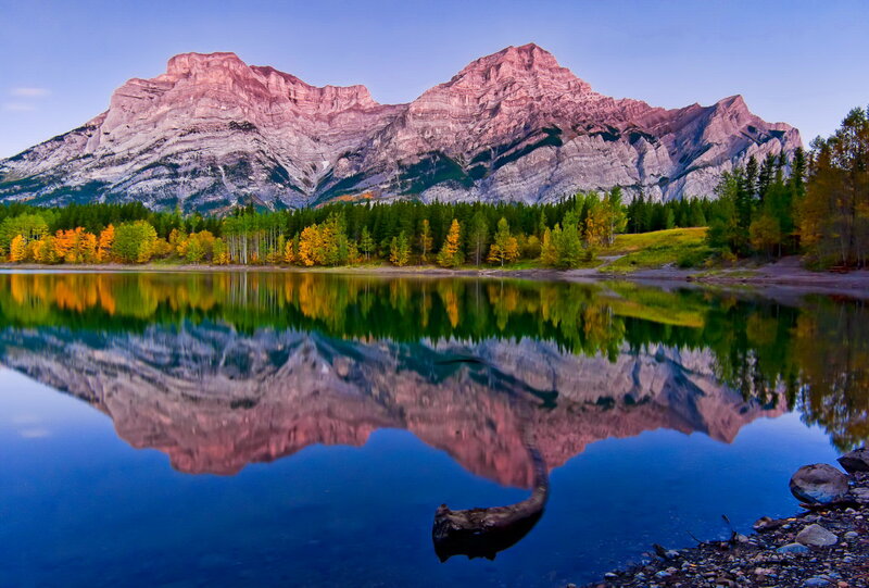 Mountain Reflection in Lake — Blue, Serene, Sunset, Photograph, Trees, Forest