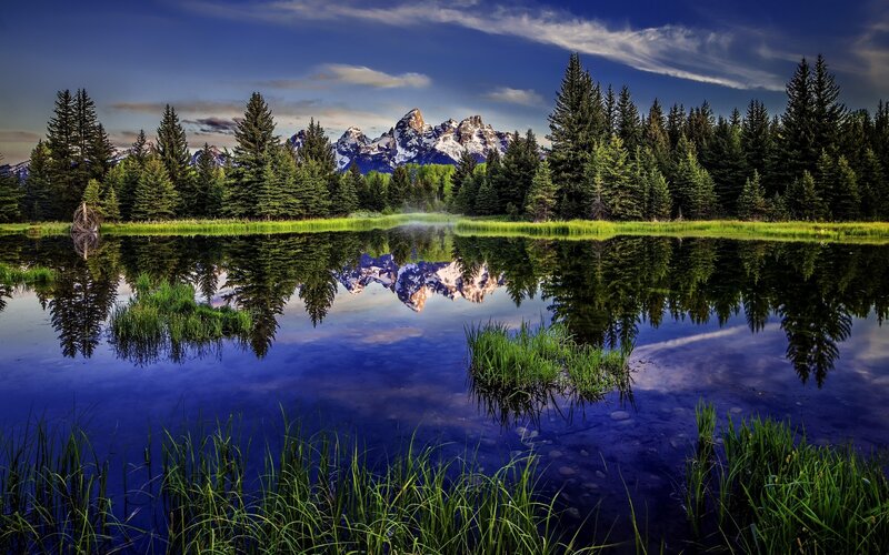 Mountain Reflection in Lake — Blue, Serene, Sunset, Photograph, Trees, Mountains