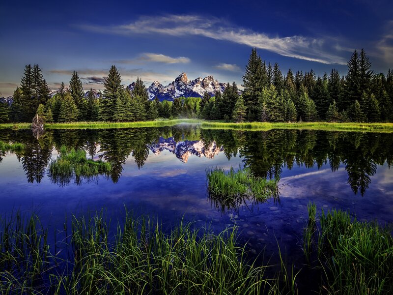 Mountain Reflection in Lake — Blue, Serene, Sunset, Photograph, Trees