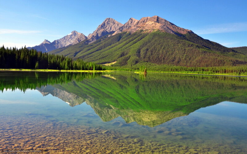 Mountain Reflection in Lake — Green, Serene, Morning, Photograph, Forest