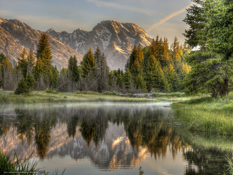 Mountain Reflection in Lake — Green, Serene, Morning, Photograph
