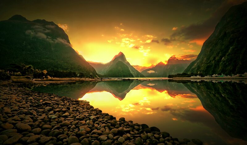 Mountain Reflection in Lake — Orange, Dramatic, Sunset, Photograph