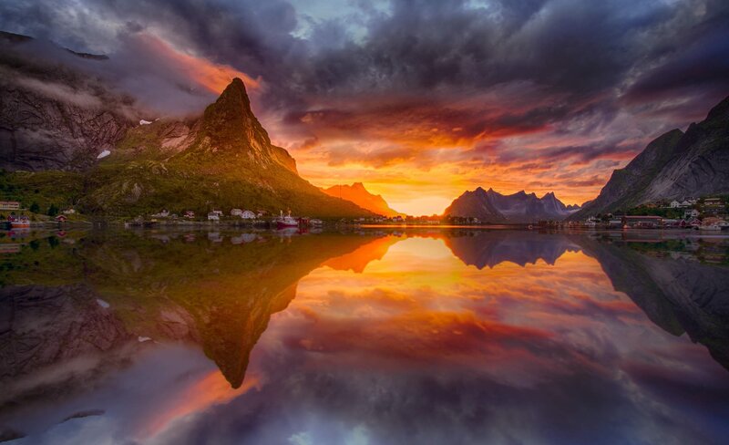Mountain Reflection in Lake — Orange, Dramatic, Sunset