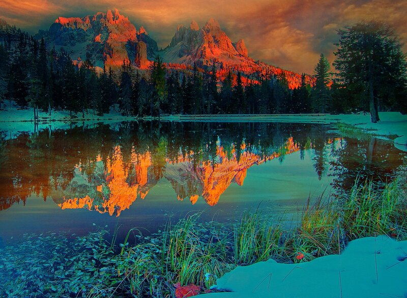 Mountain Reflection in Lake — Orange, Dramatic