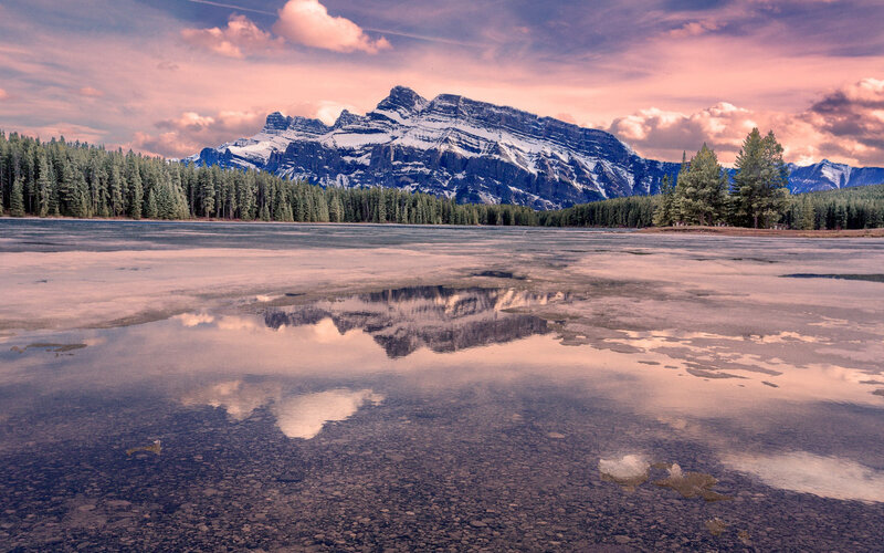 Mountain Reflection in Lake — Pink