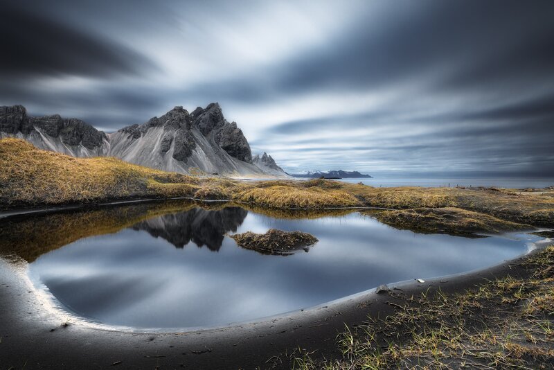 Mountain Reflection in Pond — Blue, Dramatic, Photograph