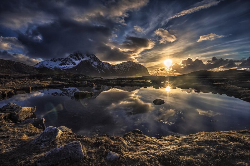 Mountain Reflection in Pond — Blue, Dramatic