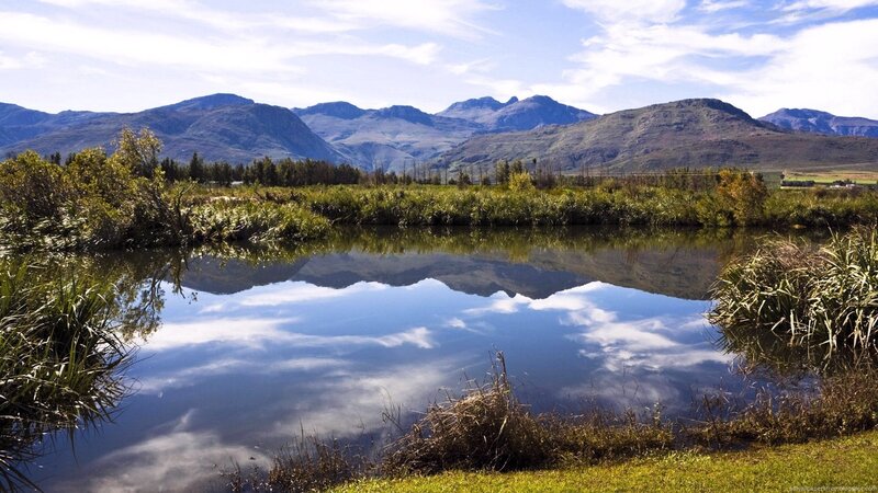 Mountain Reflection in Pond — Blue, Serene, Afternoon, Photograph, Mountains, Sky, Vegetation