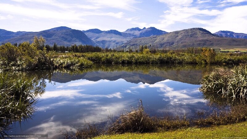 Mountain Reflection in Pond — Blue, Serene, Afternoon, Photograph, Mountains, Vegetation