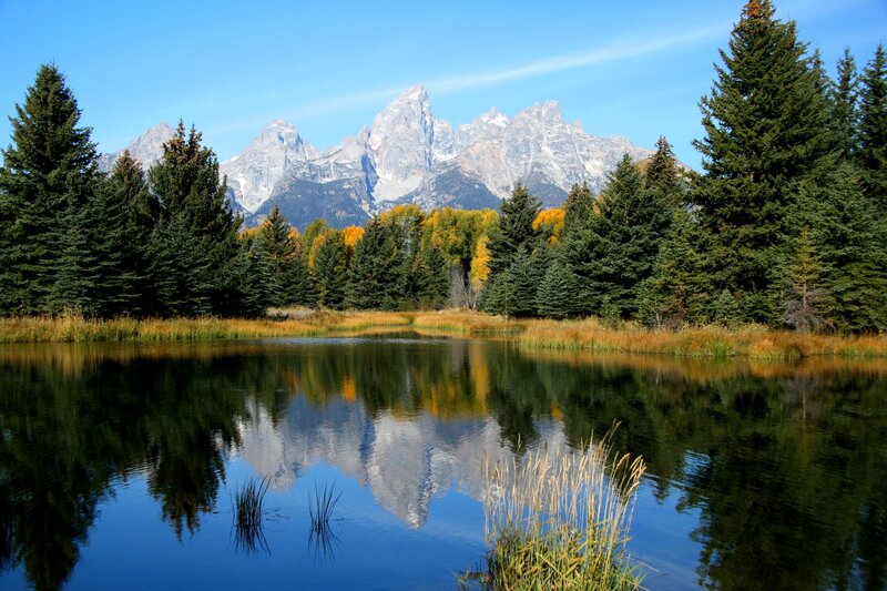 Mountain Reflection in Pond — Blue, Serene, Autumn, Photograph