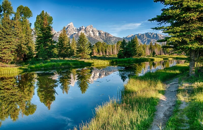 Mountain Reflection in Pond — Blue, Serene, Morning, Photograph