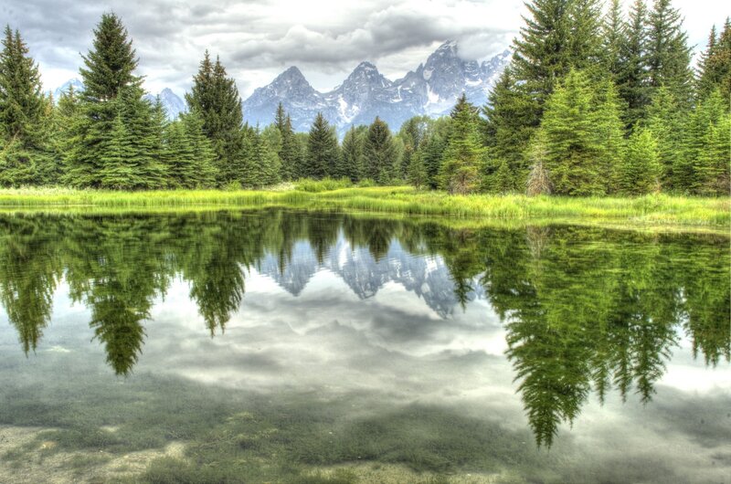 Mountain Reflection in Pond — Green, Serene, Afternoon