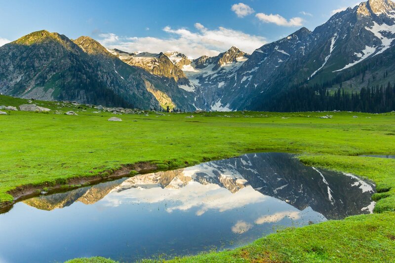 Mountain Reflection in Pond — Green, Serene, Morning
