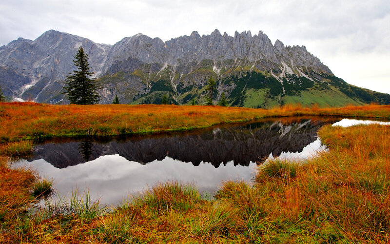 Mountain Reflection in Pond — Green, Serene