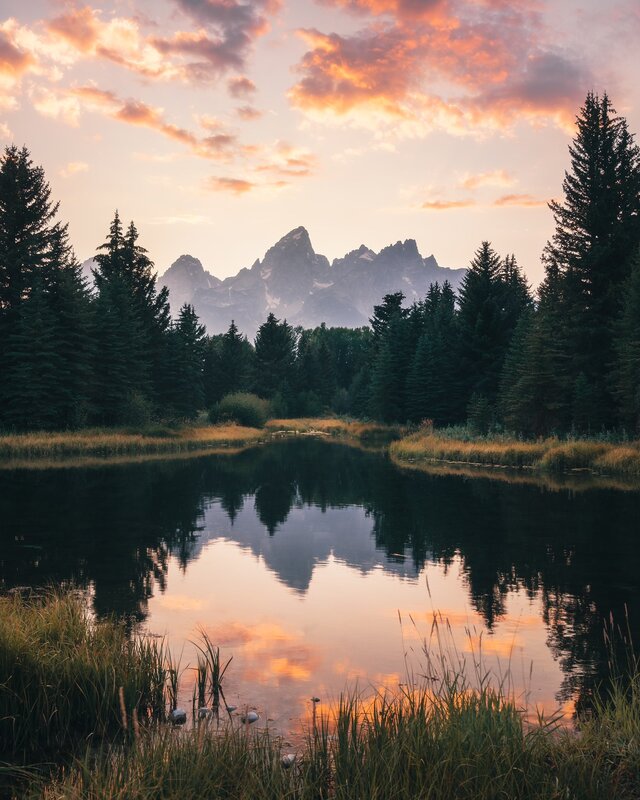 Mountain Reflection in Pond — Orange, Serene