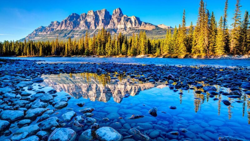 Mountain Reflection in River — Blue, Serene, Morning, Photograph