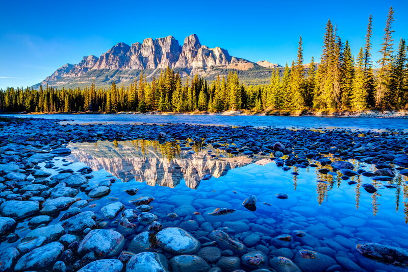 Mountain Reflection in River — Blue, Serene, Morning