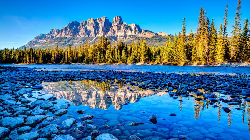 Mountain Reflection in River — Blue, Serene