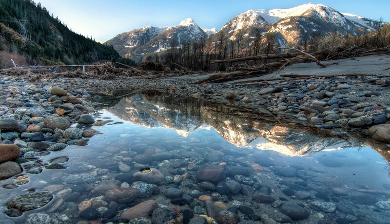 Mountain reflection in river pool