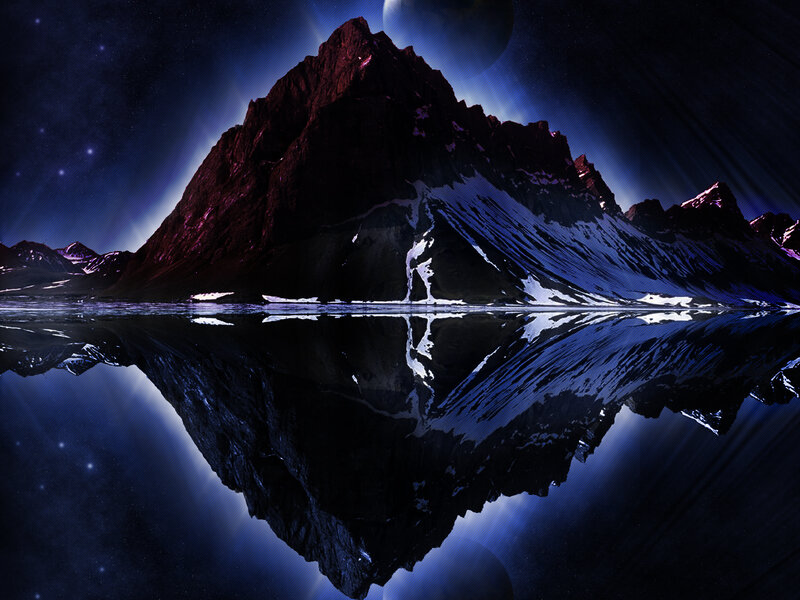 Mountain Reflection in Water — Blue, Dramatic, Night, Digital Art