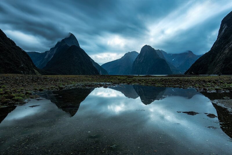 Mountain Reflection in Water — Blue, Dramatic, Night