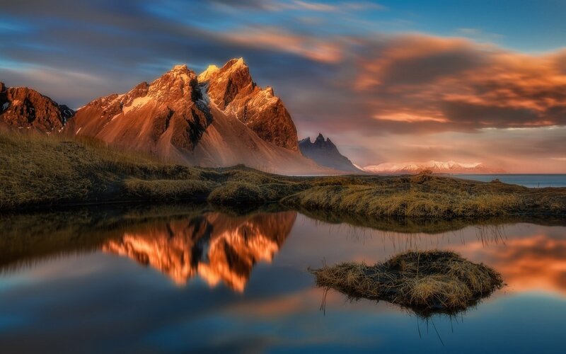 Mountain Reflection in Water — Blue, Dramatic, Sunset, Photograph, Mountains, Sky