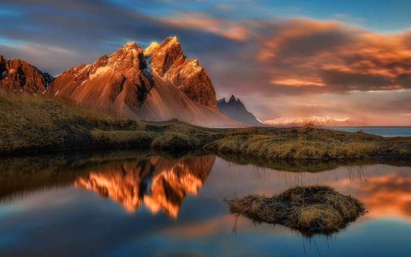 Mountain Reflection in Water — Blue, Dramatic, Sunset, Photograph, Mountains