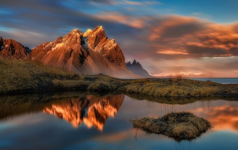 Mountain Reflection in Water — Blue, Dramatic, Sunset, Photograph