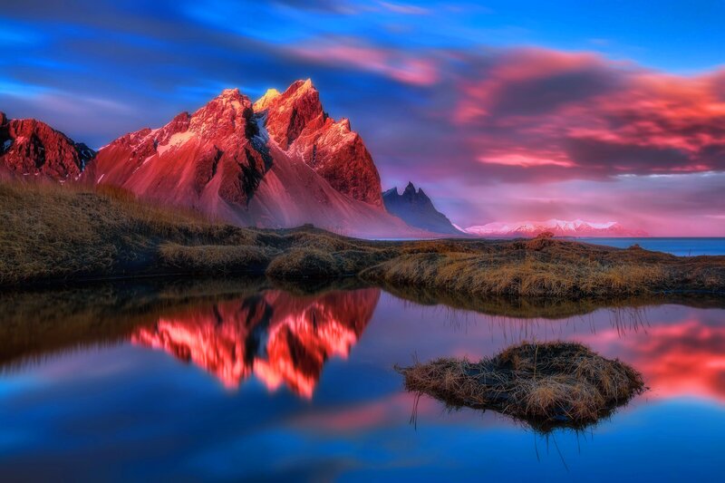 Mountain Reflection in Water — Blue, Dramatic, Sunset