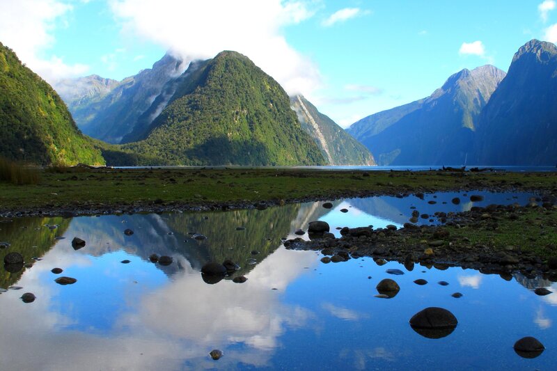 Mountain Reflection in Water — Blue, Serene, Morning, Photograph, Mountains, Lake
