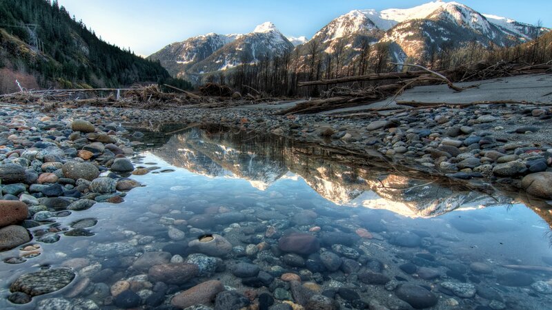 Mountain Reflection in Water — Blue, Serene, Morning