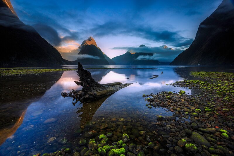 Mountain Reflection in Water — Blue, Serene, Sunrise