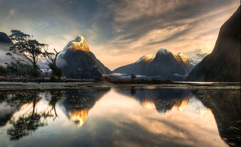 Mountain Reflection in Water — Blue, Serene, Sunset, Photograph