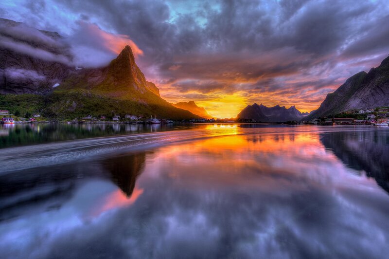 Mountain Reflection in Water — Orange, Dramatic, Sunset, Photograph
