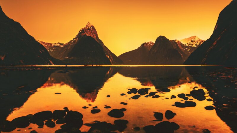 Mountain Reflection in Water — Orange, Dramatic, Sunset