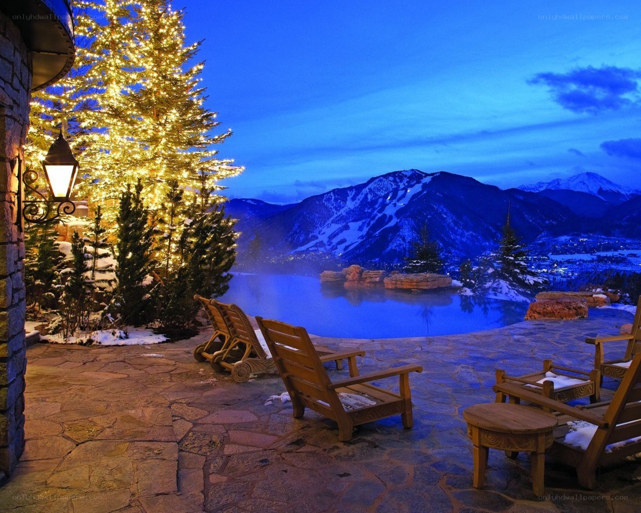 Mountain resort at dusk