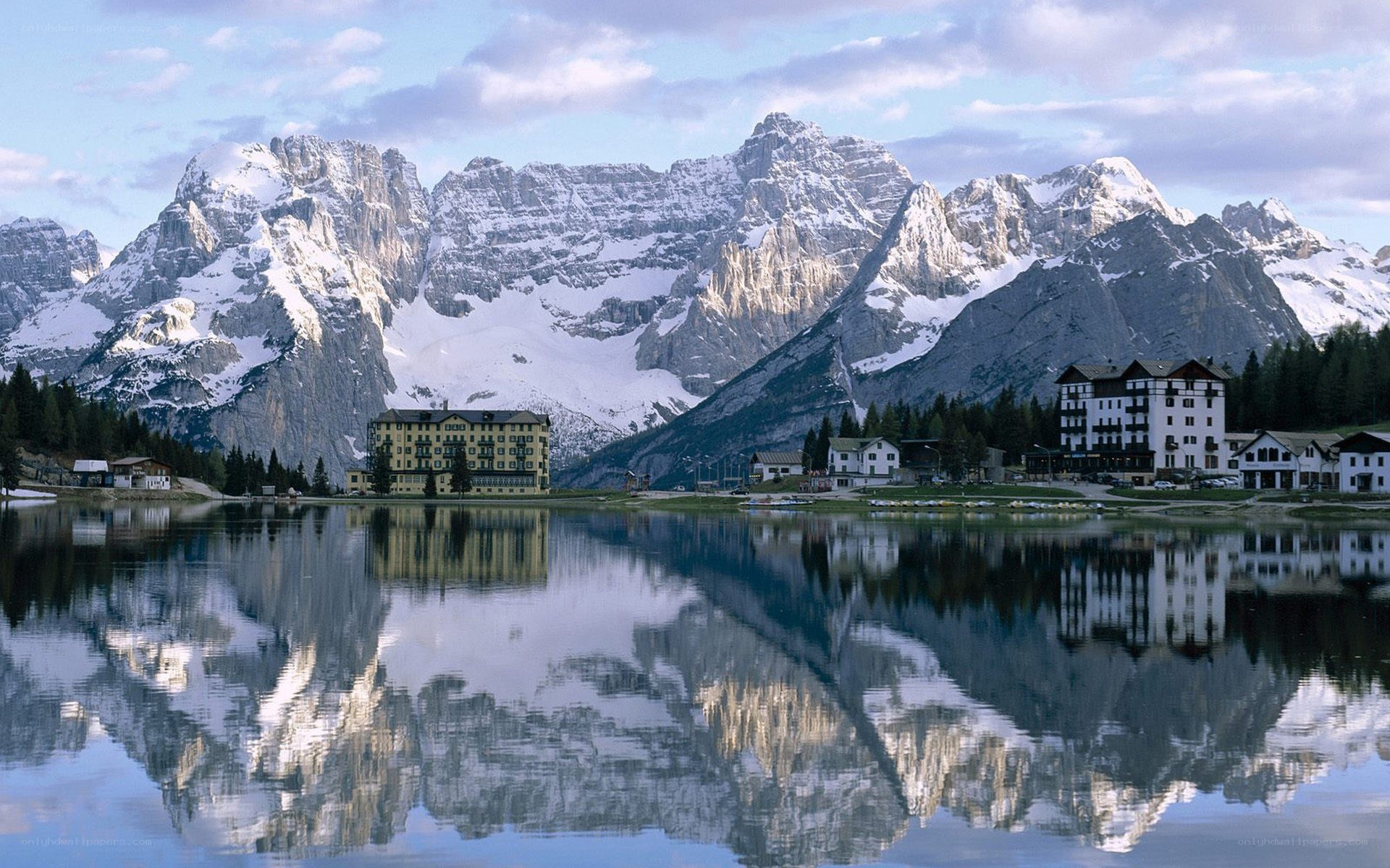 Mountain resort reflected in a lake