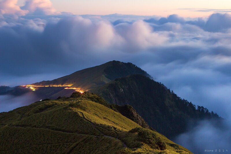 Mountain Ridge Above Clouds — Green, Serene